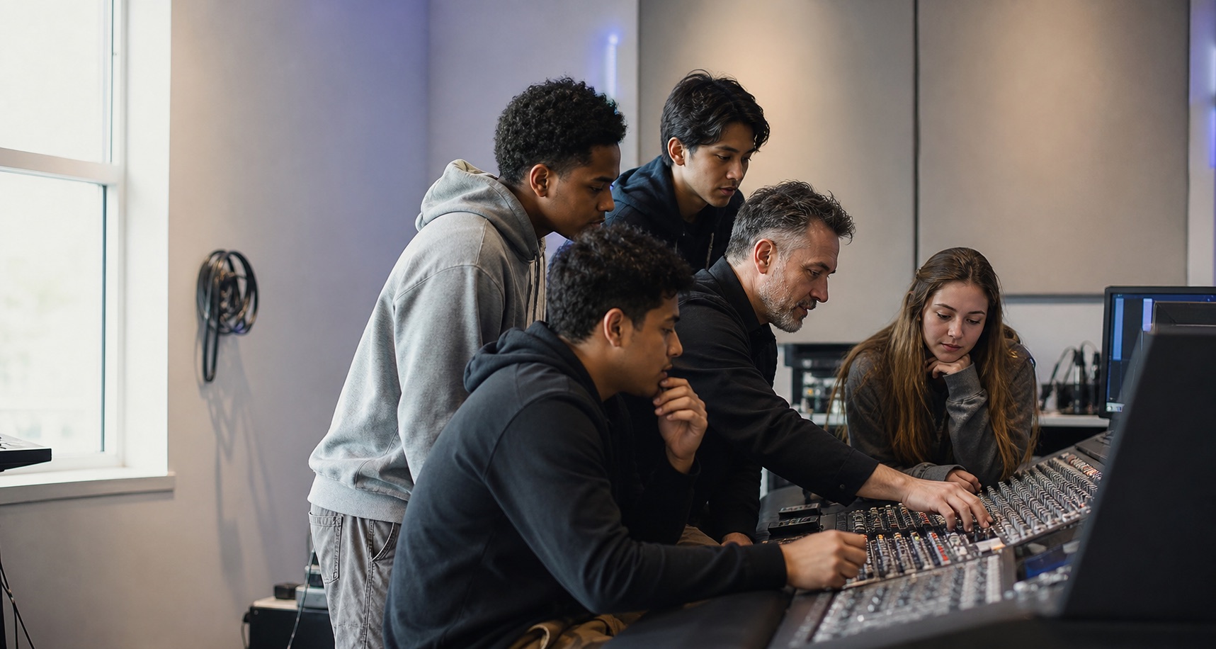 Students learning audio production at a mixing console with a mentor